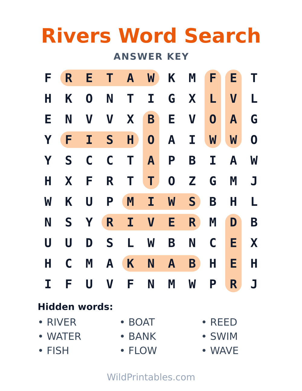 Rivers Word Search — answer key