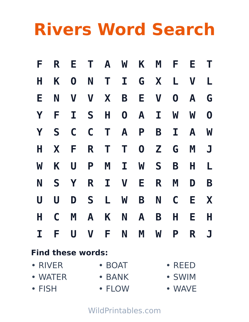 Rivers Word Search — free printable word search for kids