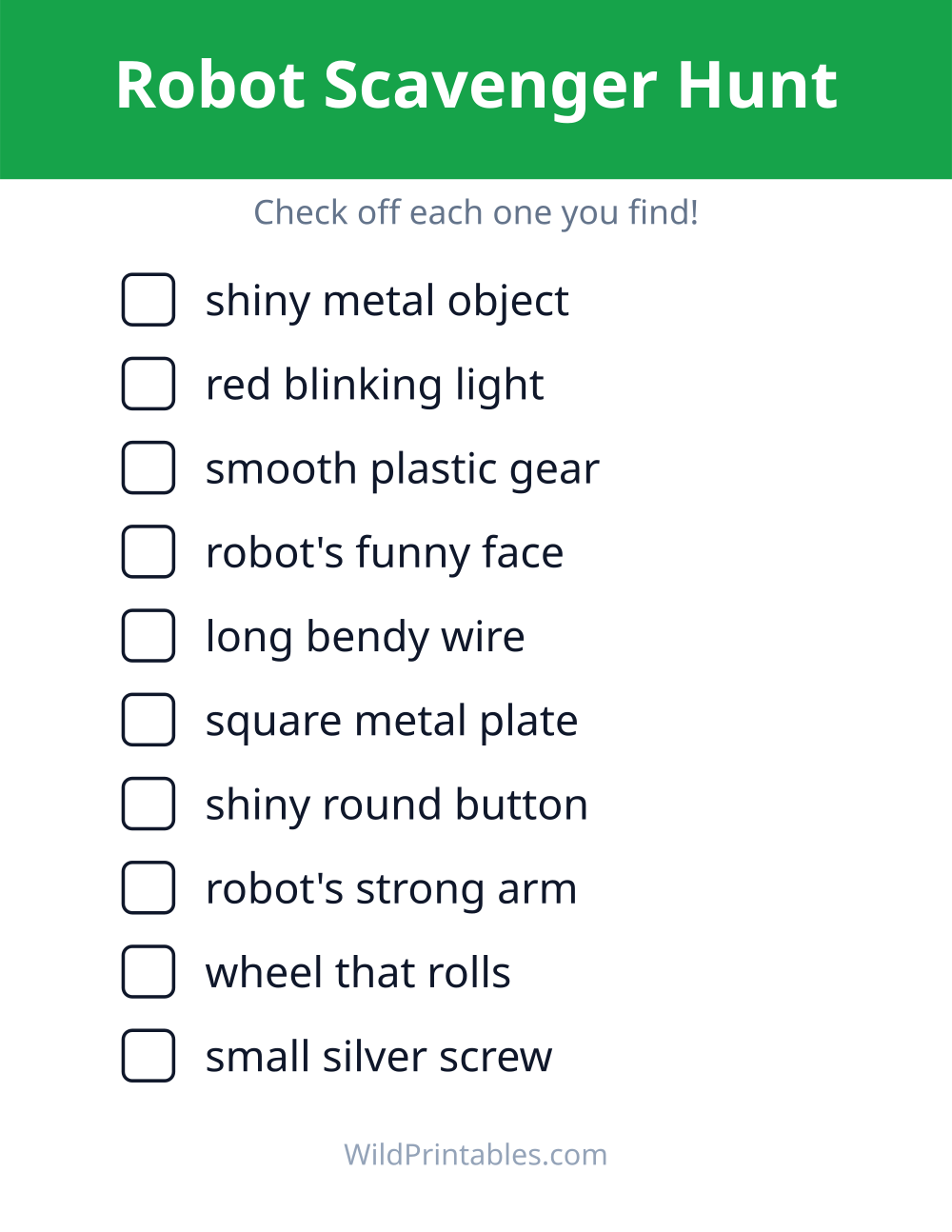 Robot Scavenger Hunt — free printable scavenger hunt for kids