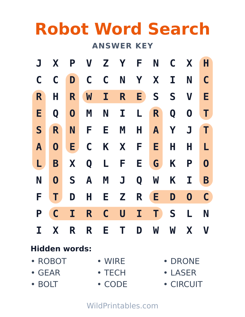 Robot Word Search — answer key