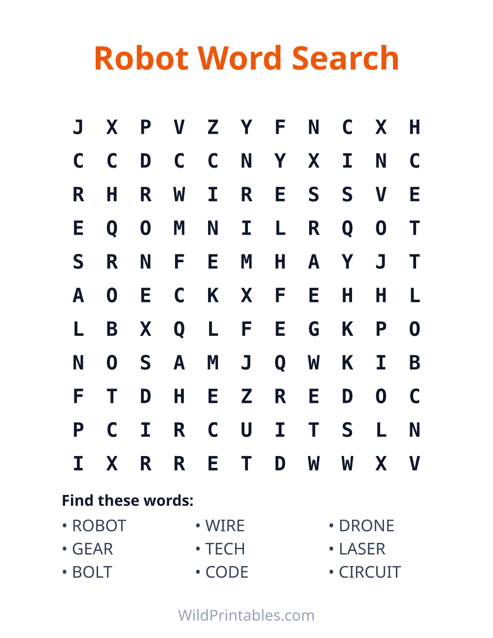 Robot Word Search — free printable word search for kids