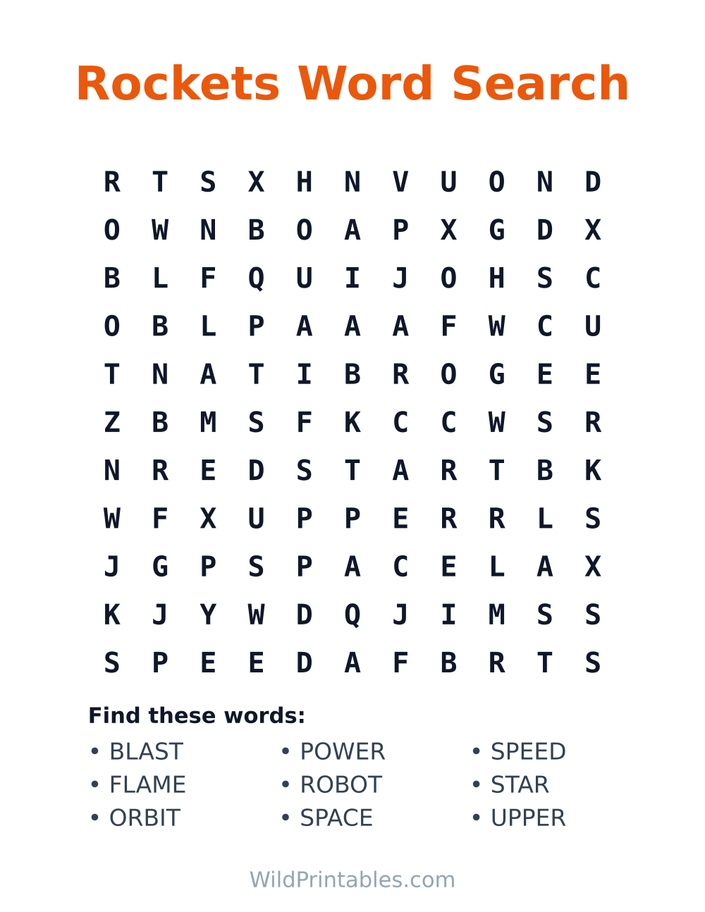 Rockets Word Search — free printable word search for kids
