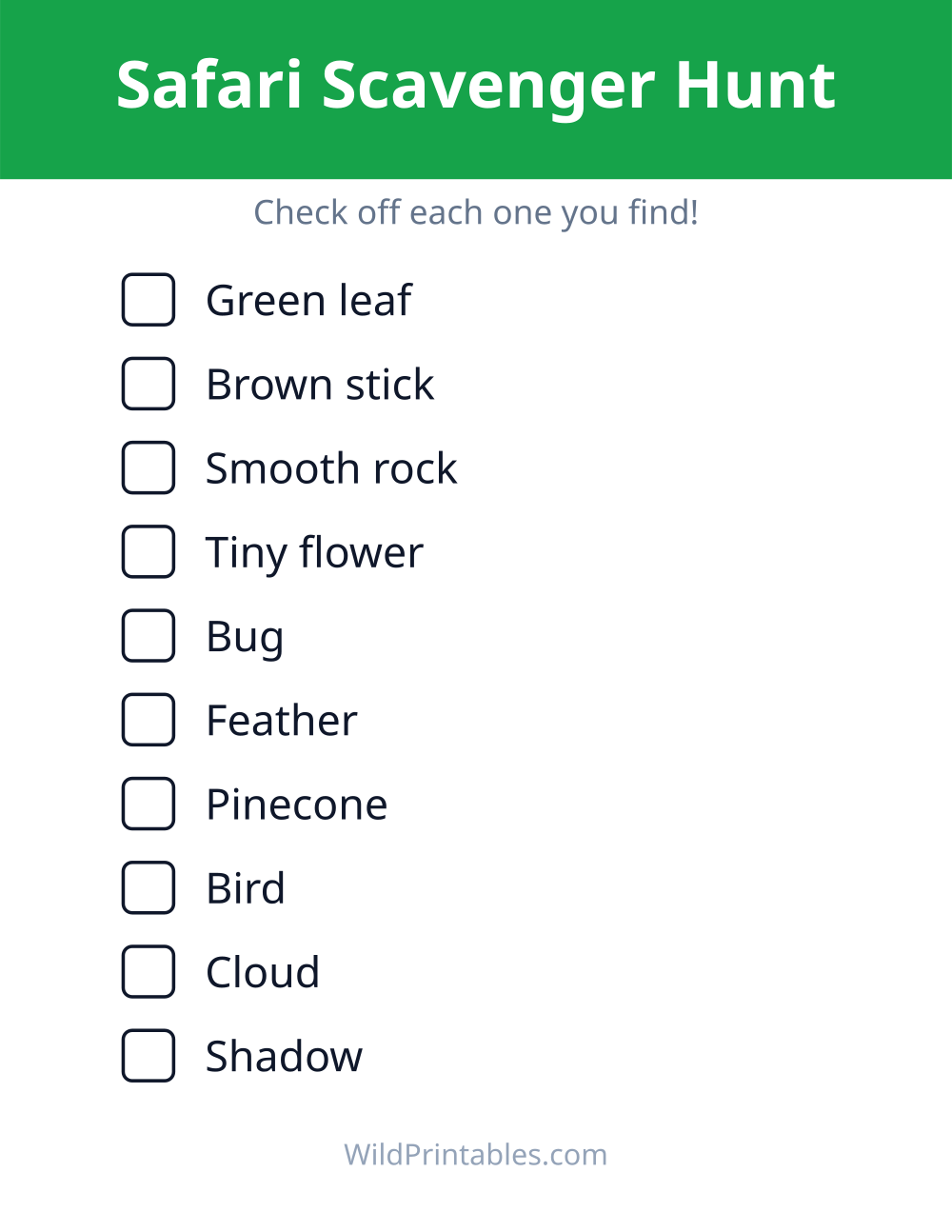 Safari Scavenger Hunt — free printable scavenger hunt for kids