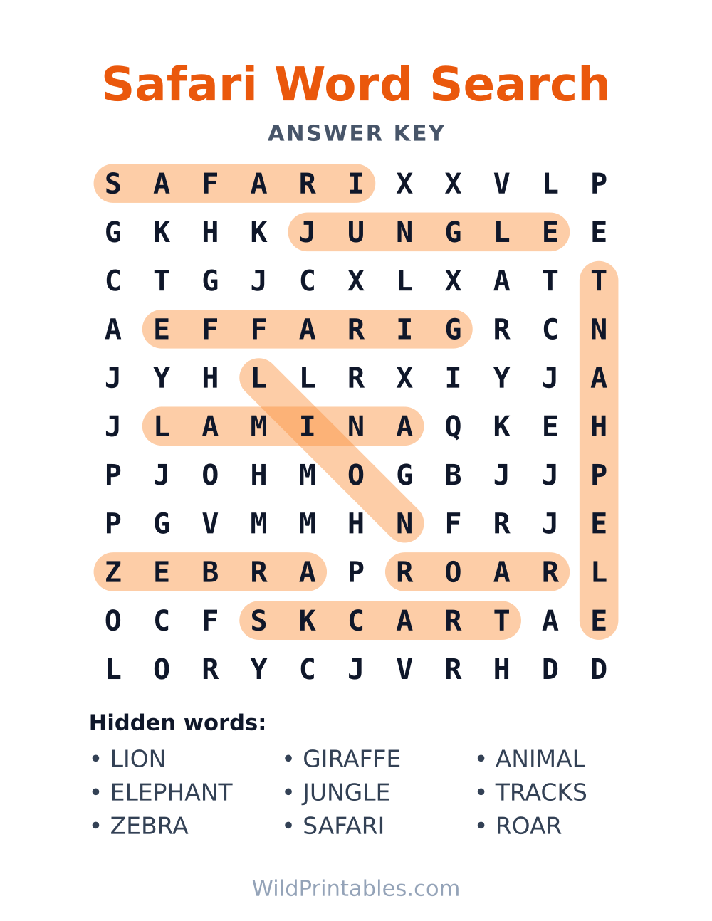 Safari Word Search — answer key