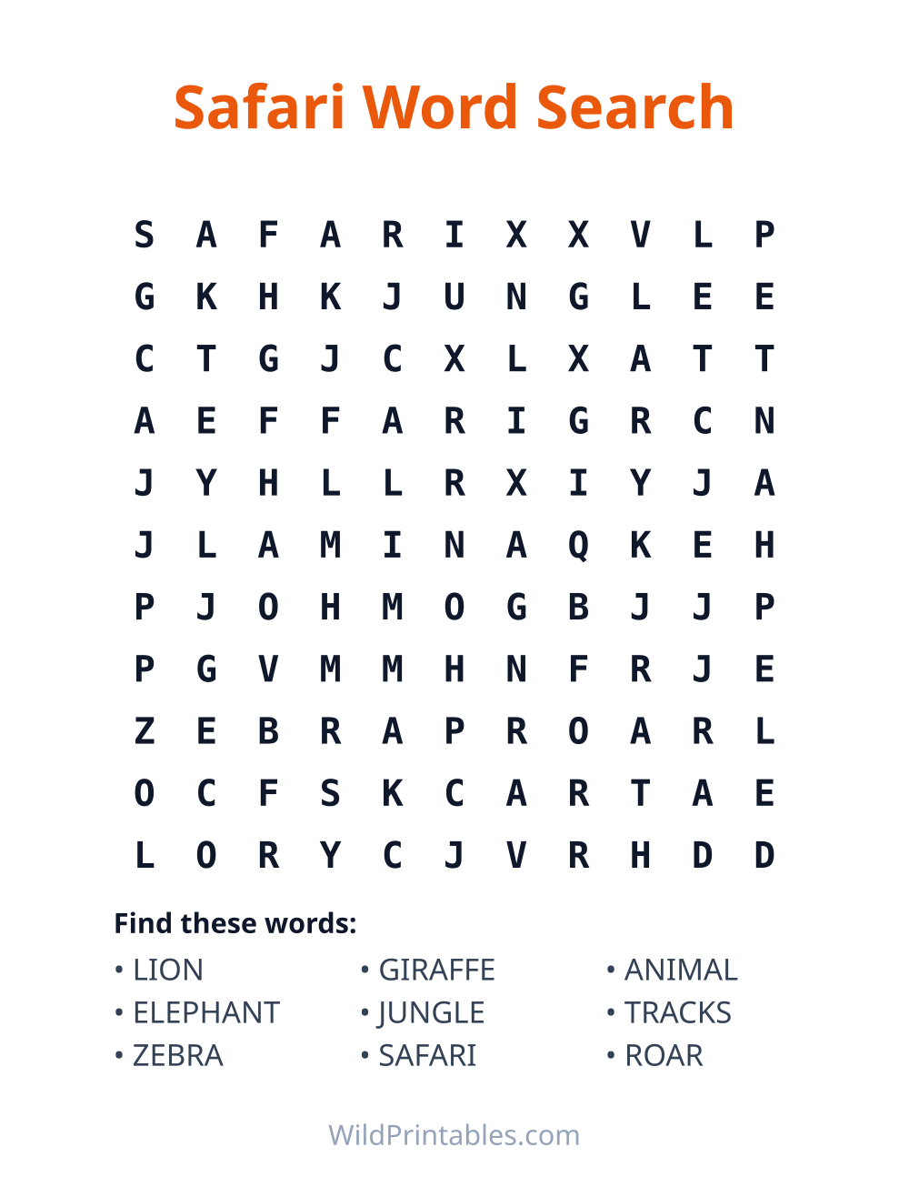 Safari Word Search — free printable word search for kids