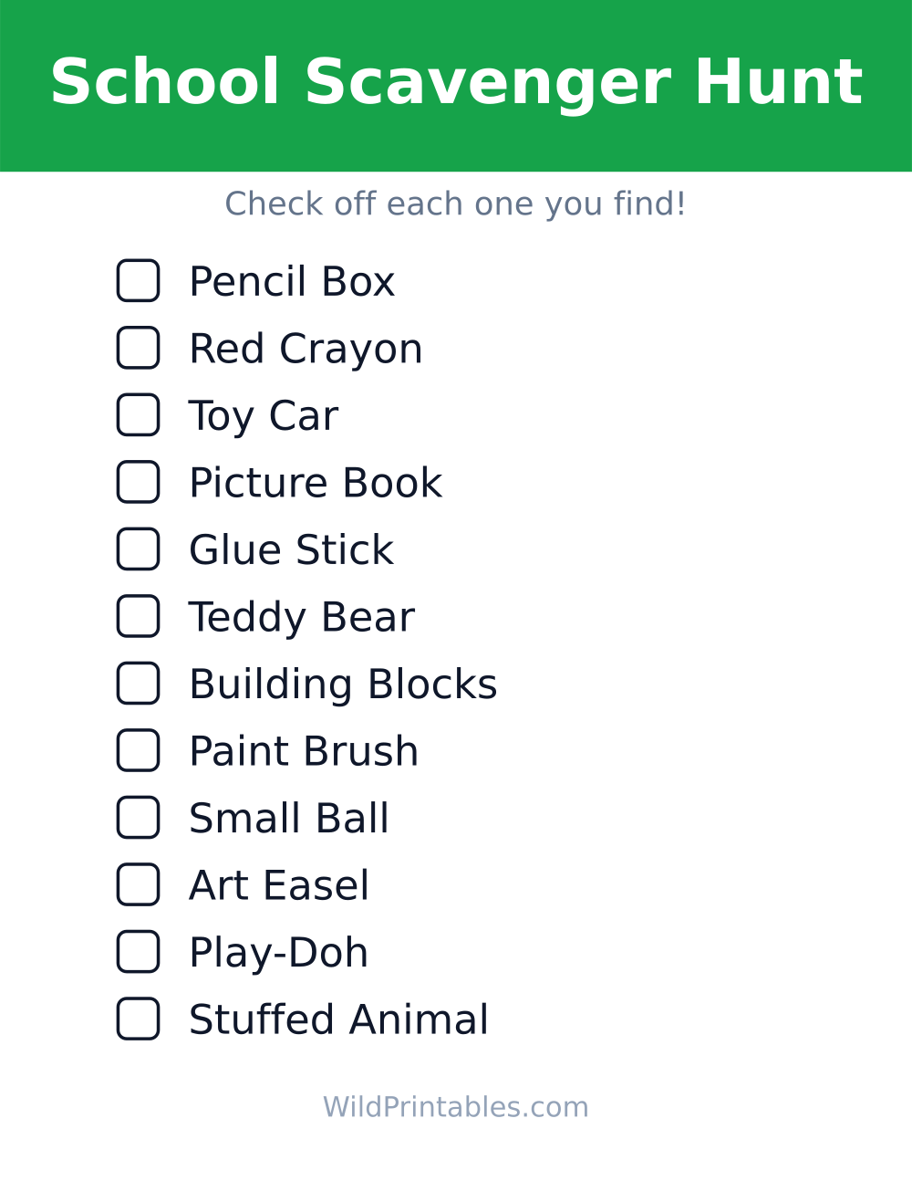 School Scavenger Hunt — free printable scavenger hunt for kids to print and color at home