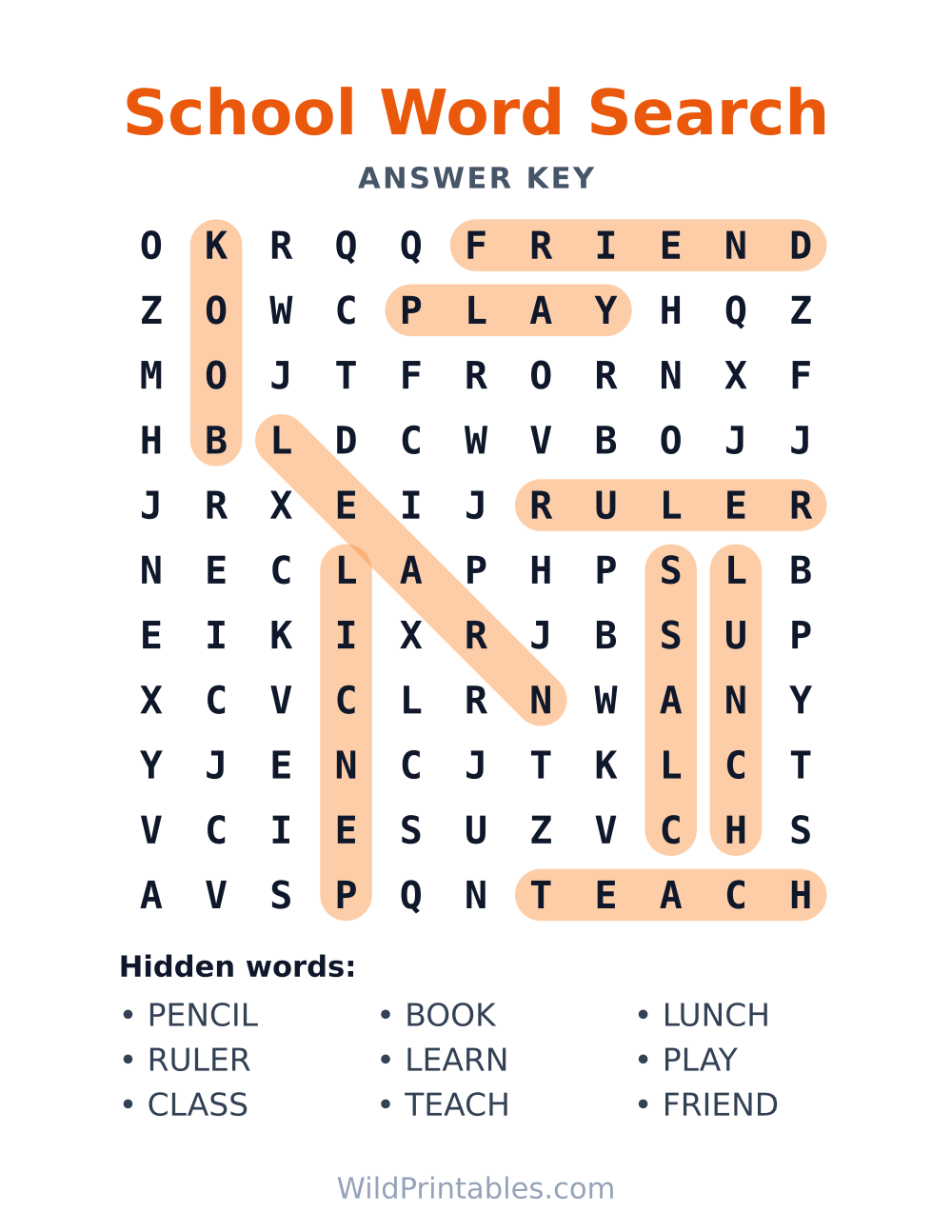 School Word Search — answer key