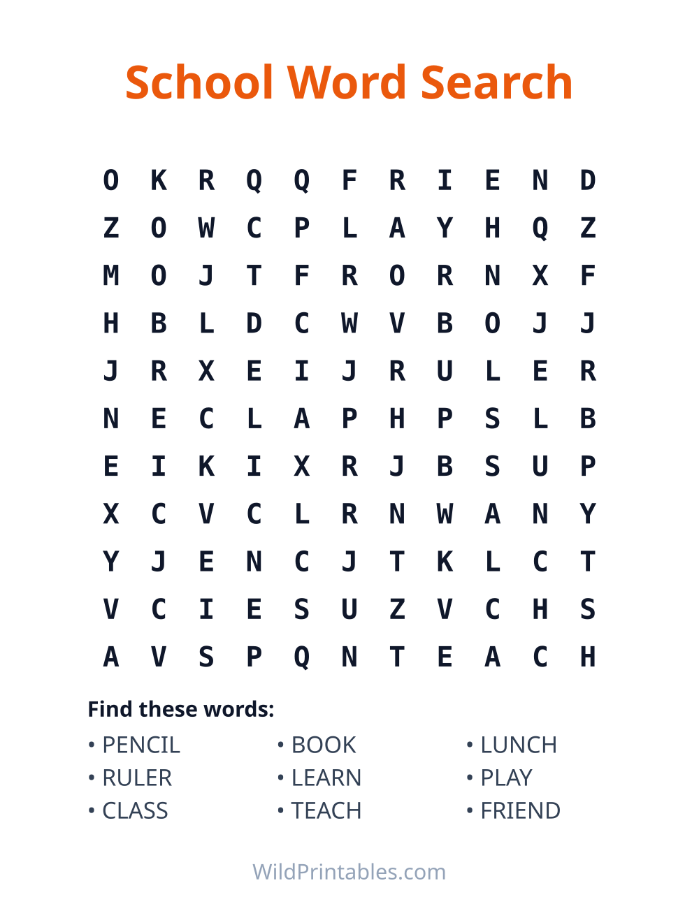 School Word Search — free printable word search for kids