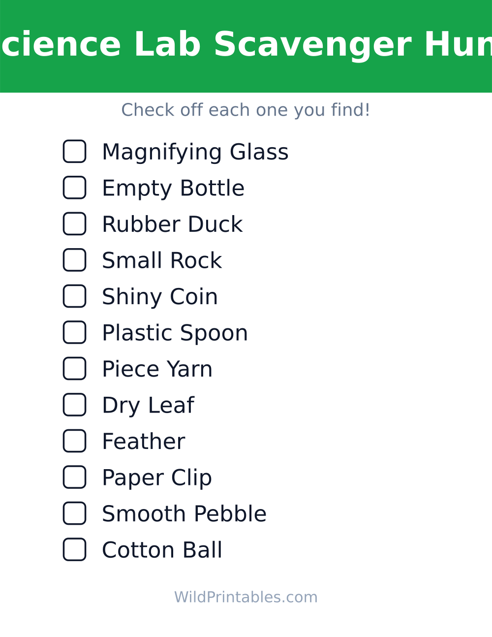 Science Lab Scavenger Hunt — free printable scavenger hunt for kids