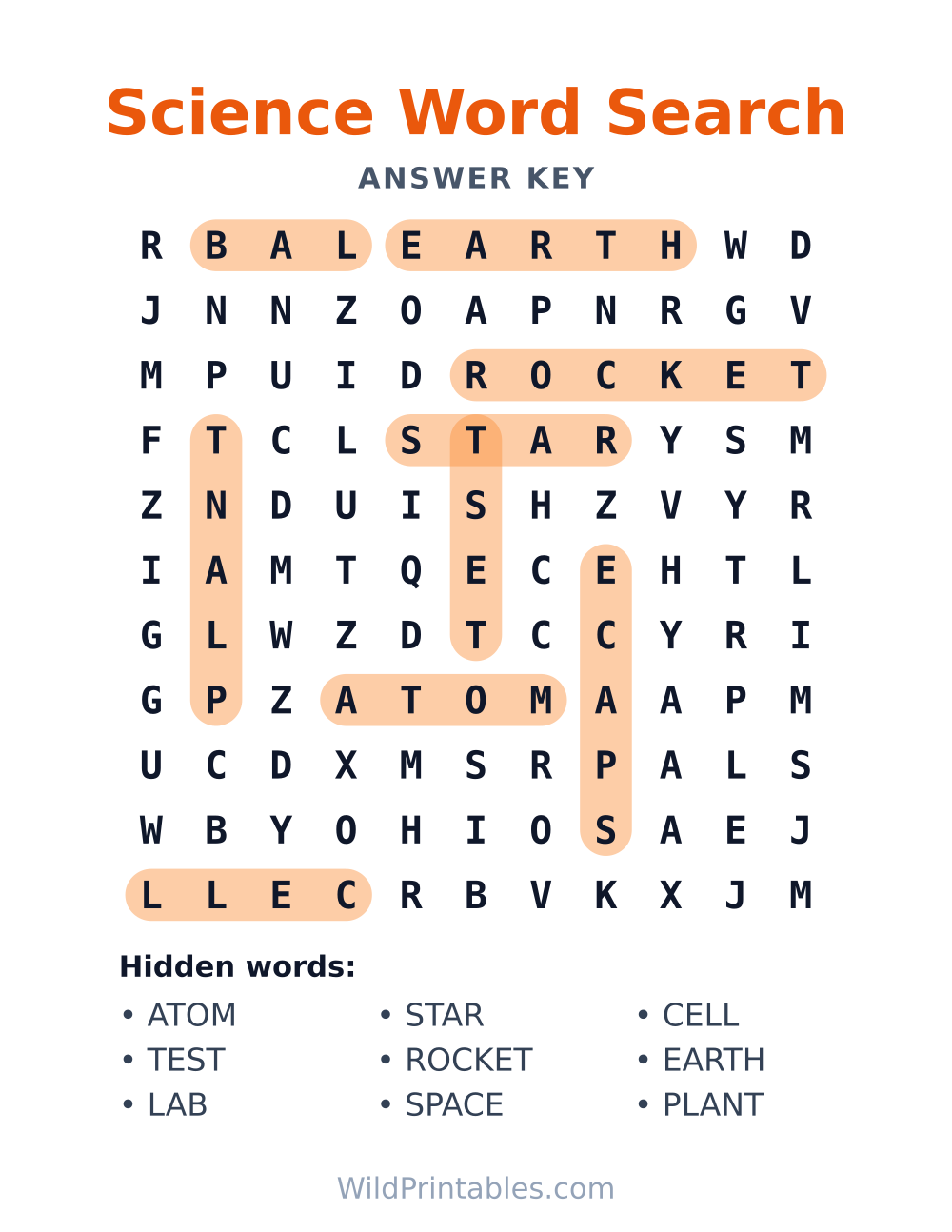 Science Word Search — answer key