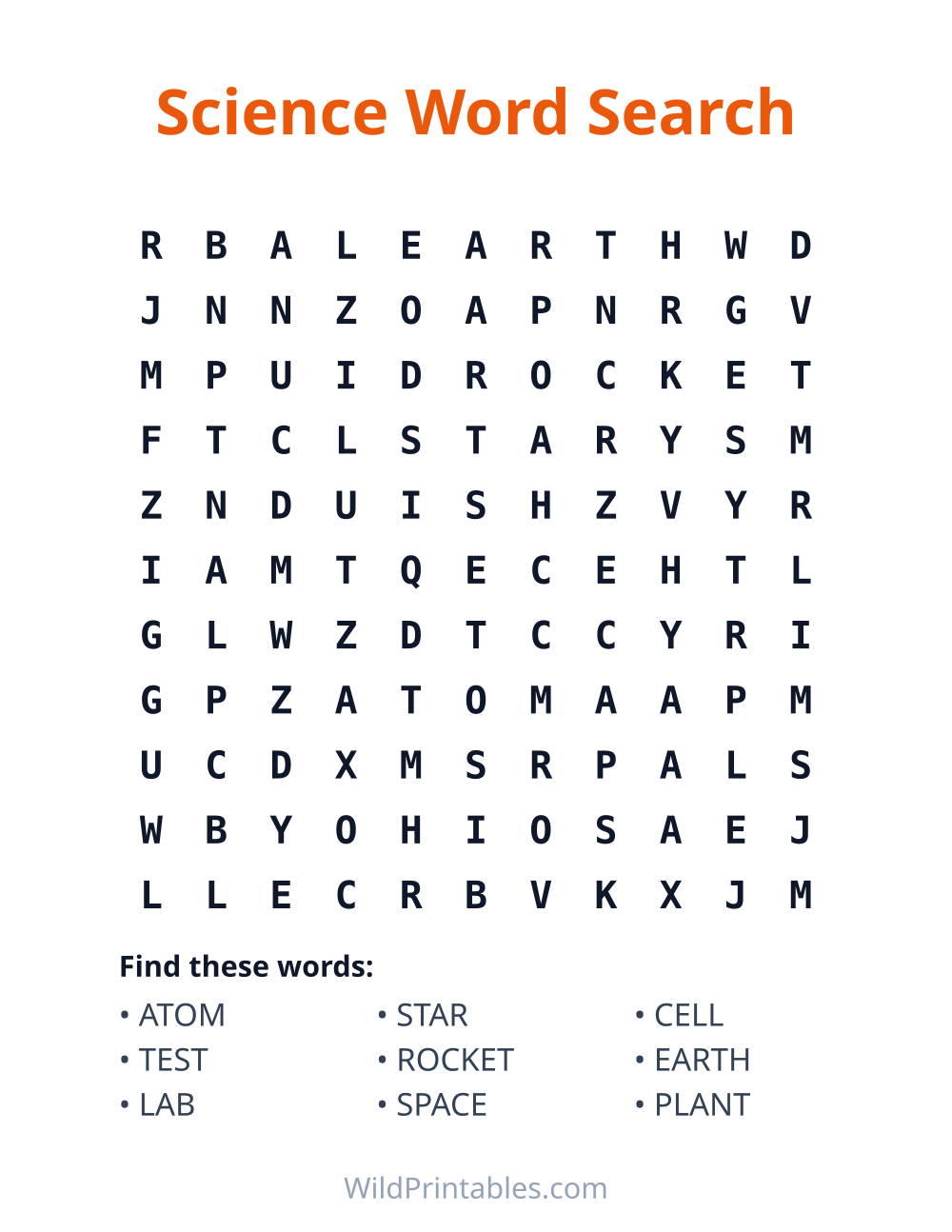 Science Word Search — free printable word search for kids to print and color at home