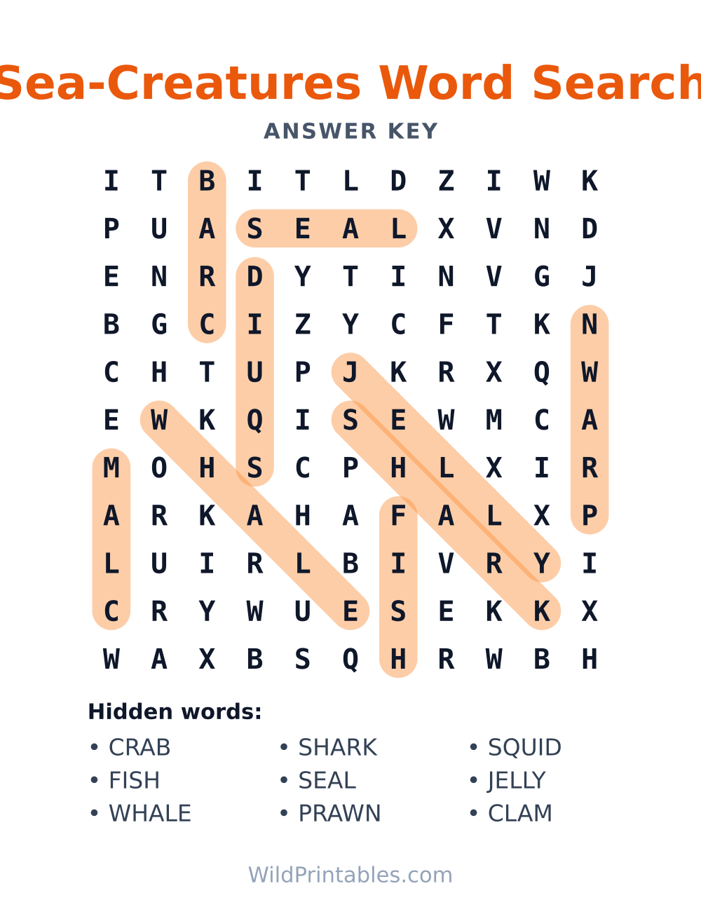 Sea-Creatures Word Search — answer key