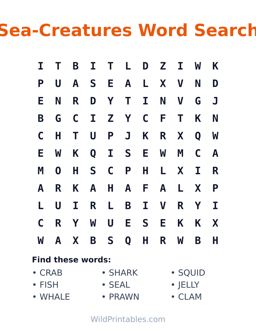 Sea-Creatures Word Search — free printable word search for kids