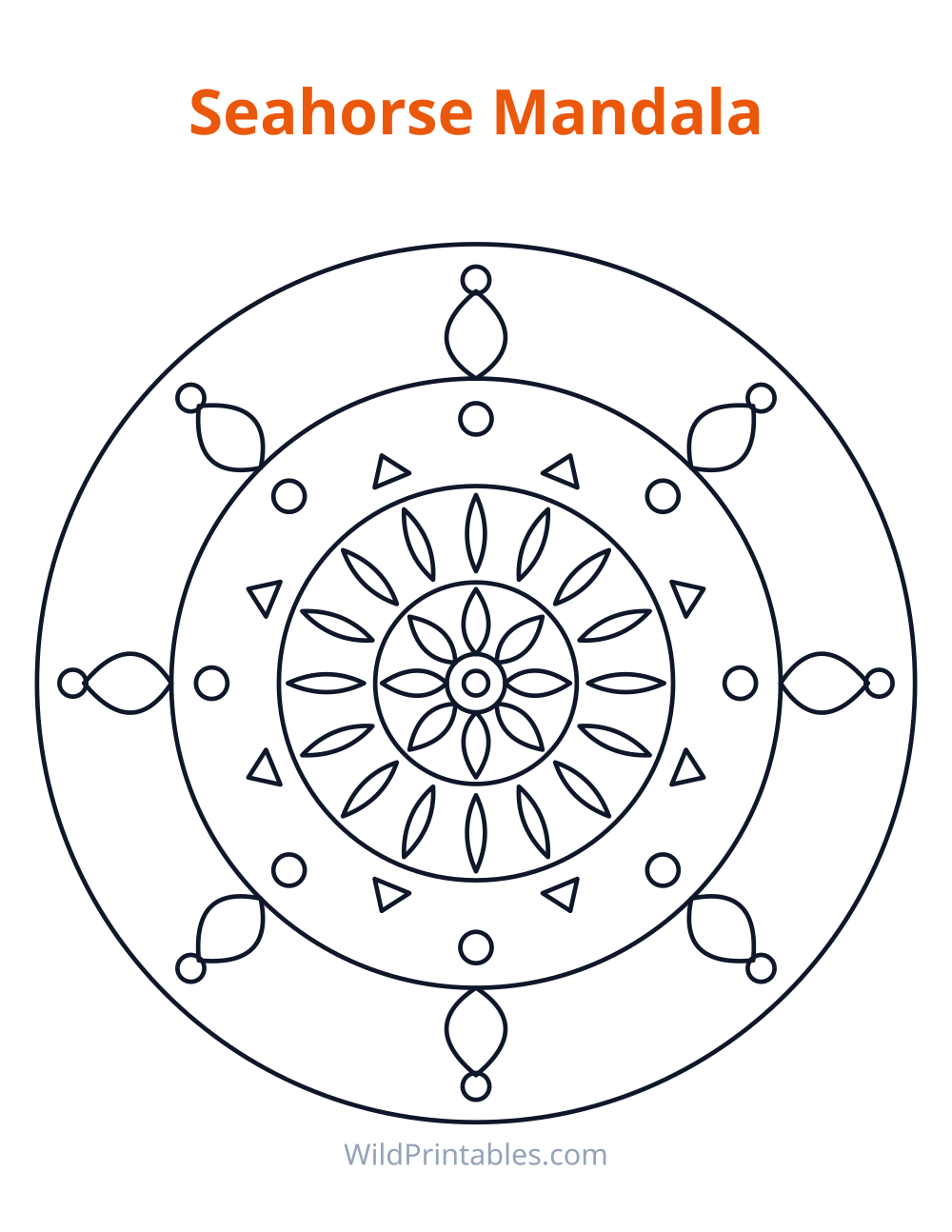 Seahorse Mandala — free printable mandala for kids to print and color at home