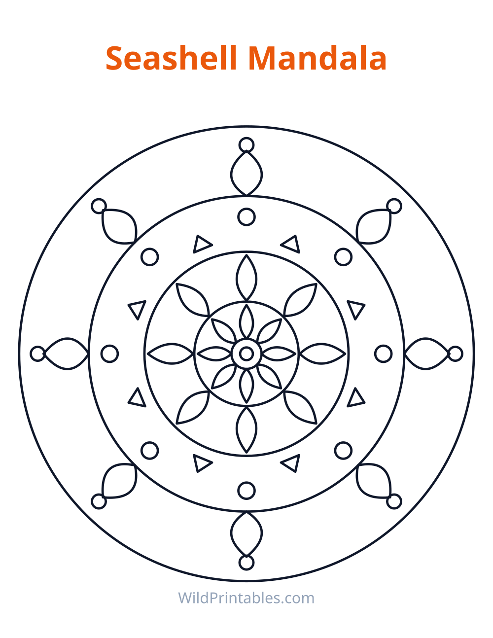 Seashell Mandala — free printable mandala for kids to print and color at home