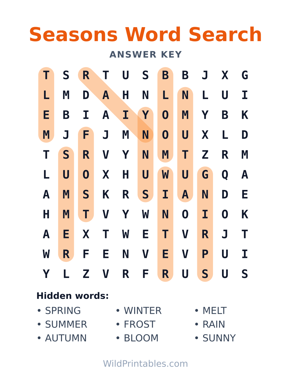 Seasons Word Search — answer key