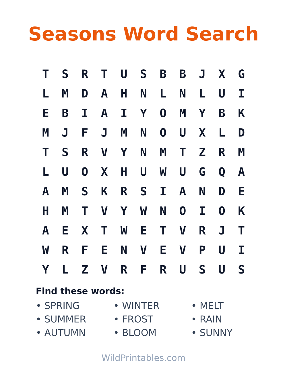 Seasons Word Search — free printable word search for kids