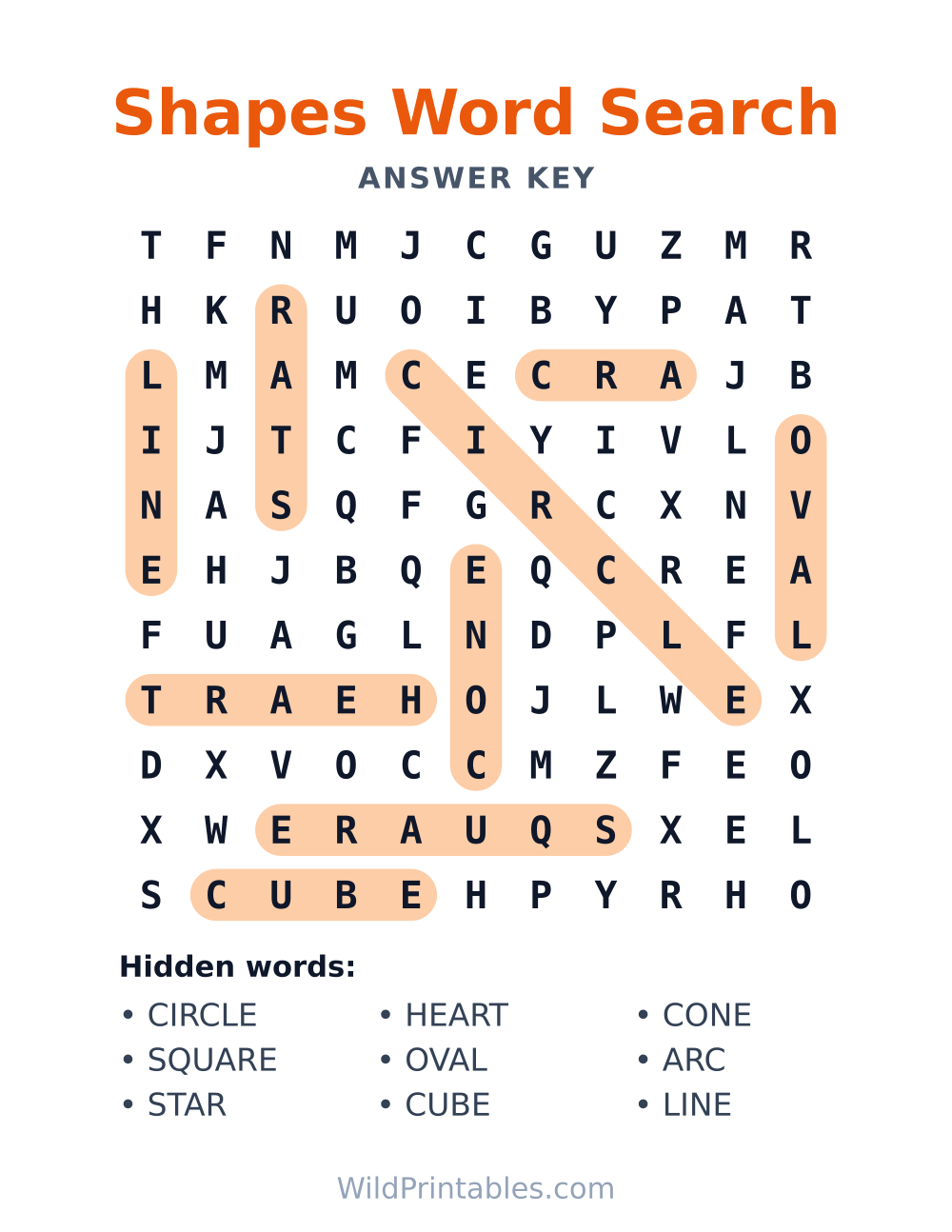 Shapes Word Search — answer key