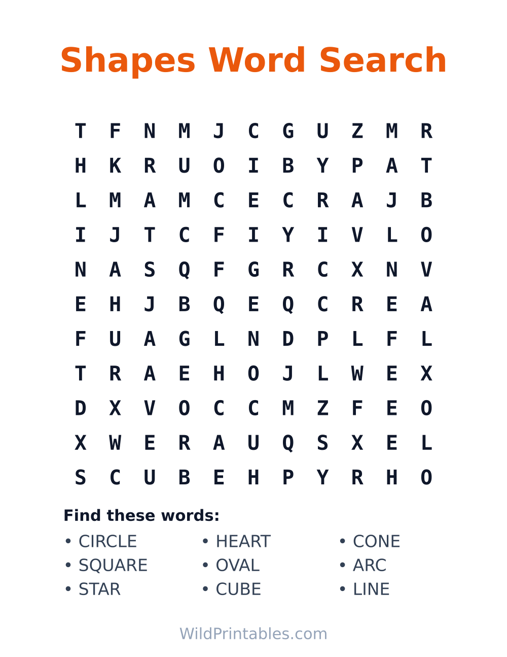 Shapes Word Search — free printable word search for kids to print and color at home