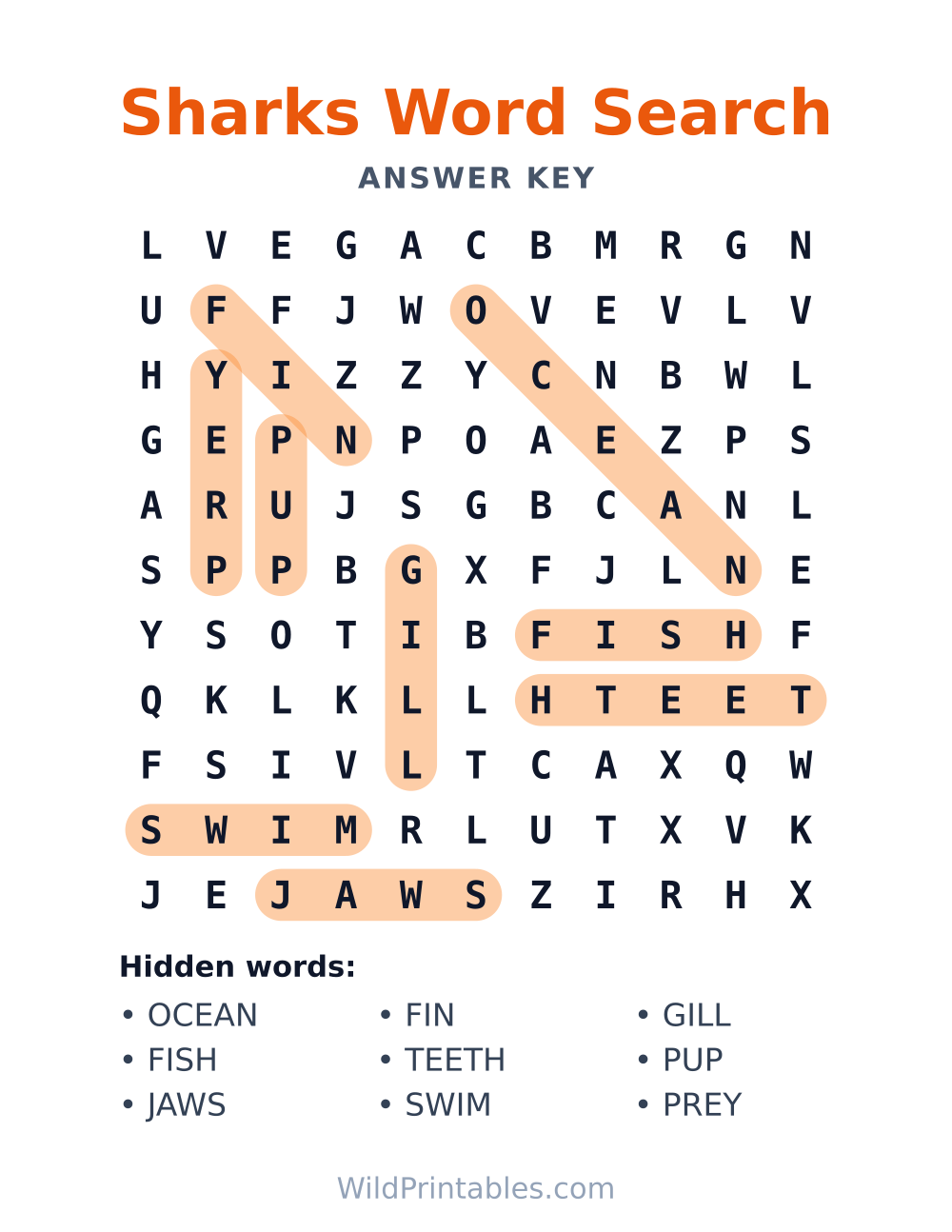 Sharks Word Search — answer key