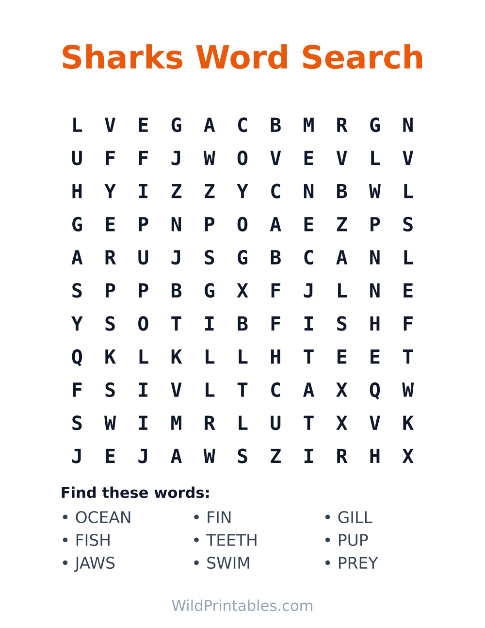 Sharks Word Search — free printable word search for kids