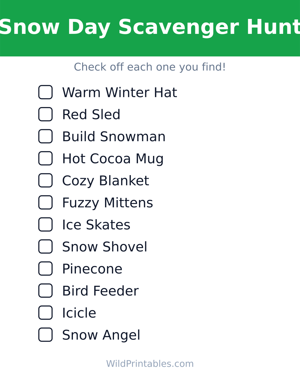 Snow Day Scavenger Hunt — free printable scavenger hunt for kids