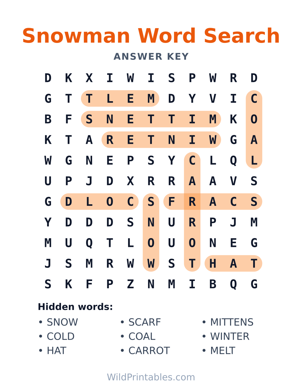 Snowman Word Search — answer key