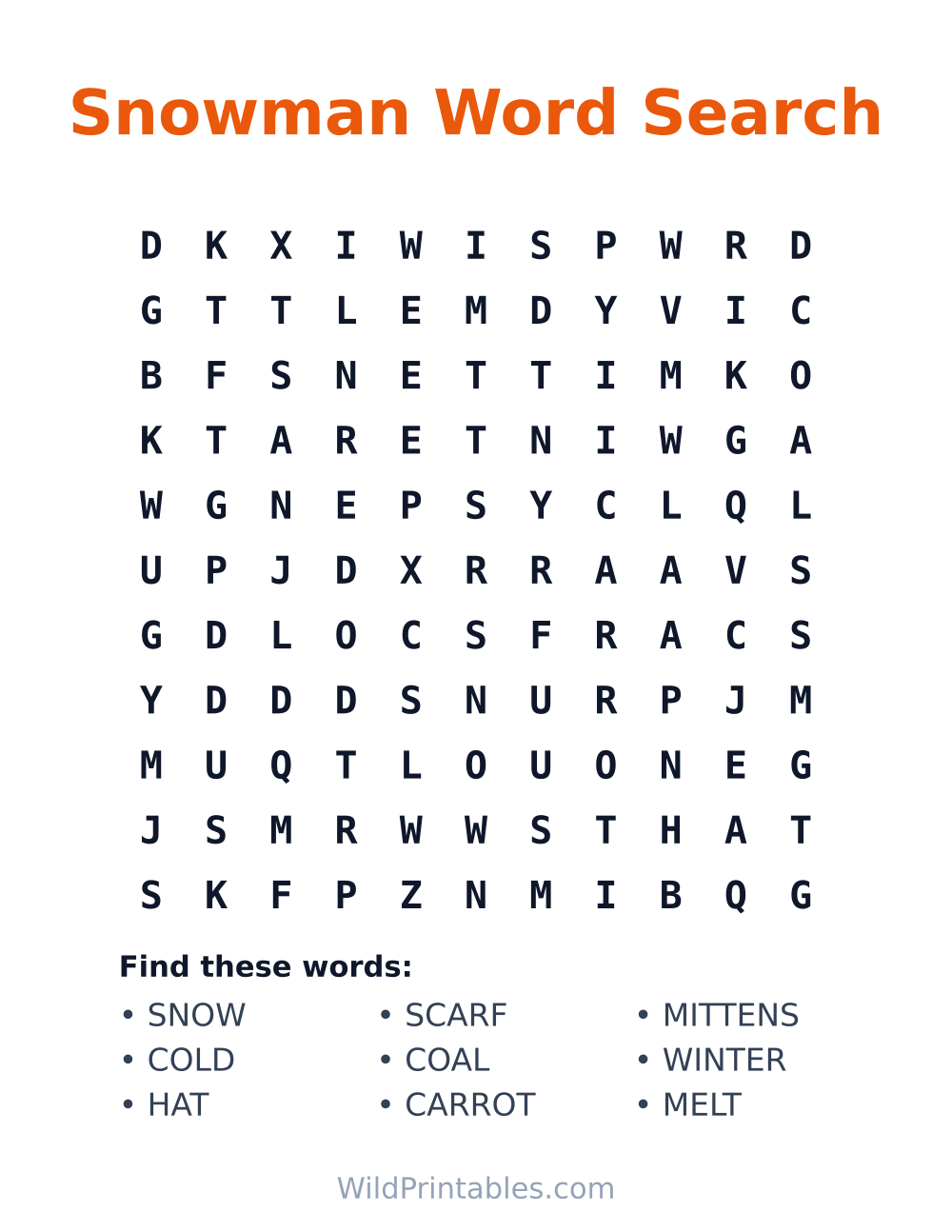 Snowman Word Search — free printable word search for kids to print and color at home