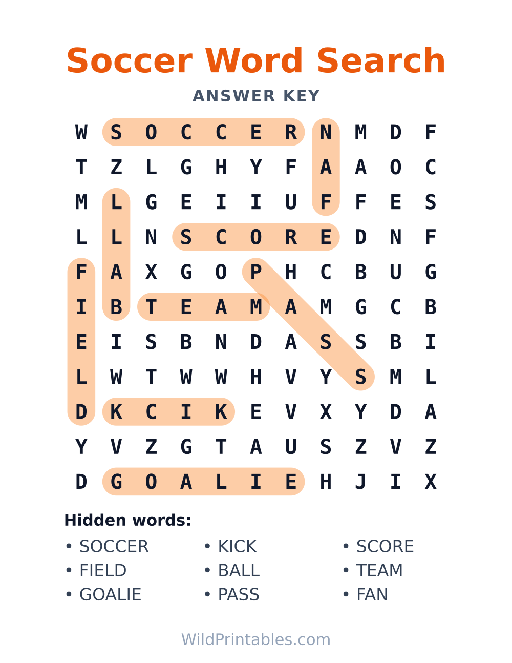 Soccer Word Search — answer key