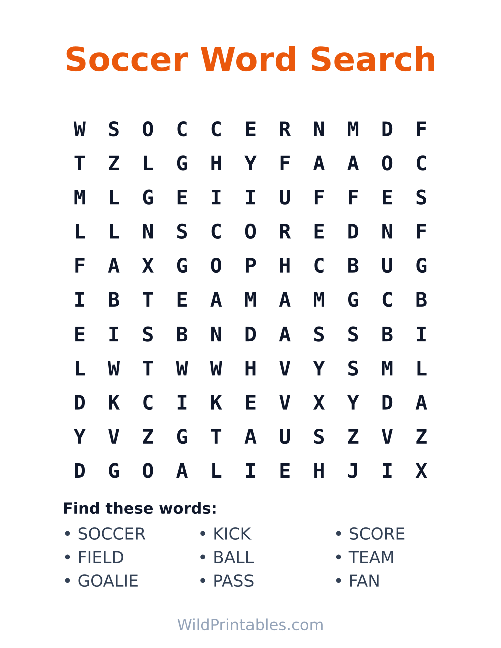 Soccer Word Search — free printable word search for kids to print and color at home