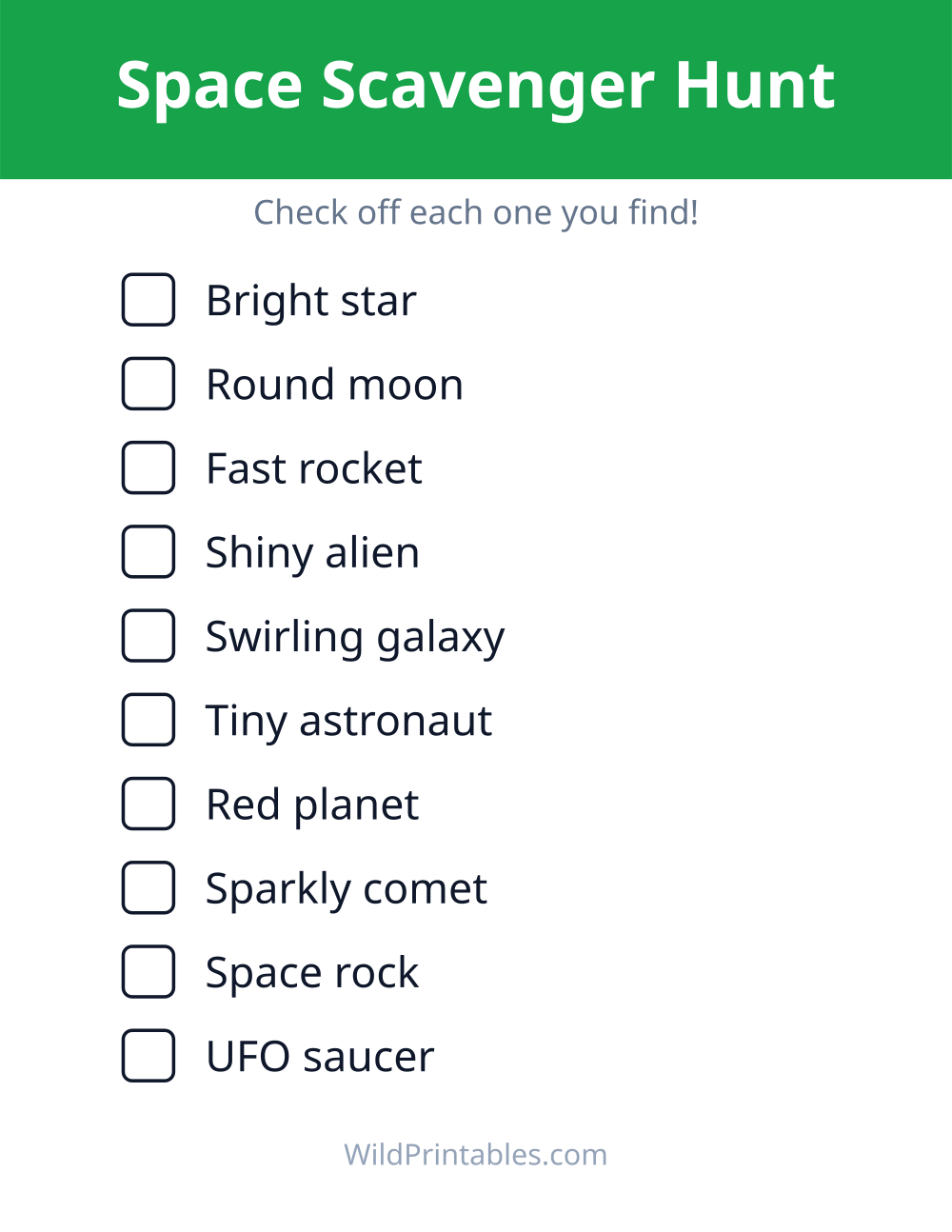 Space Scavenger Hunt — free printable scavenger hunt for kids