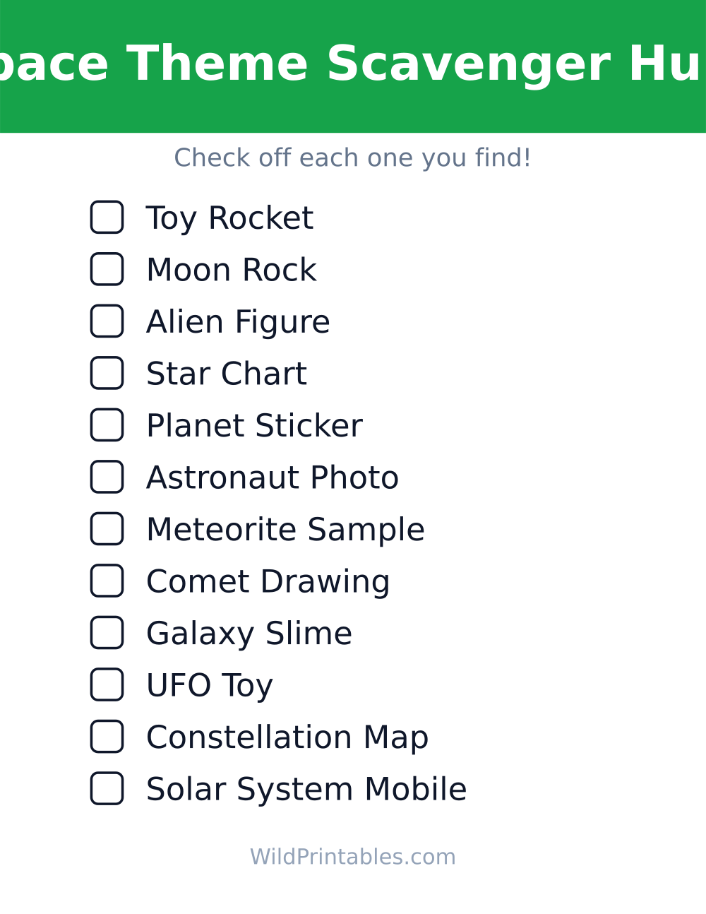 Space Theme Scavenger Hunt — free printable scavenger hunt for kids