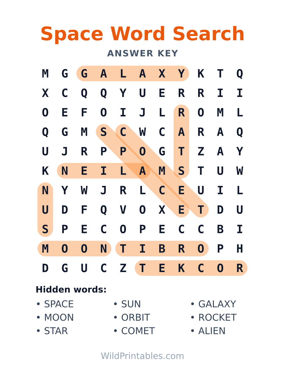 Space Word Search — answer key