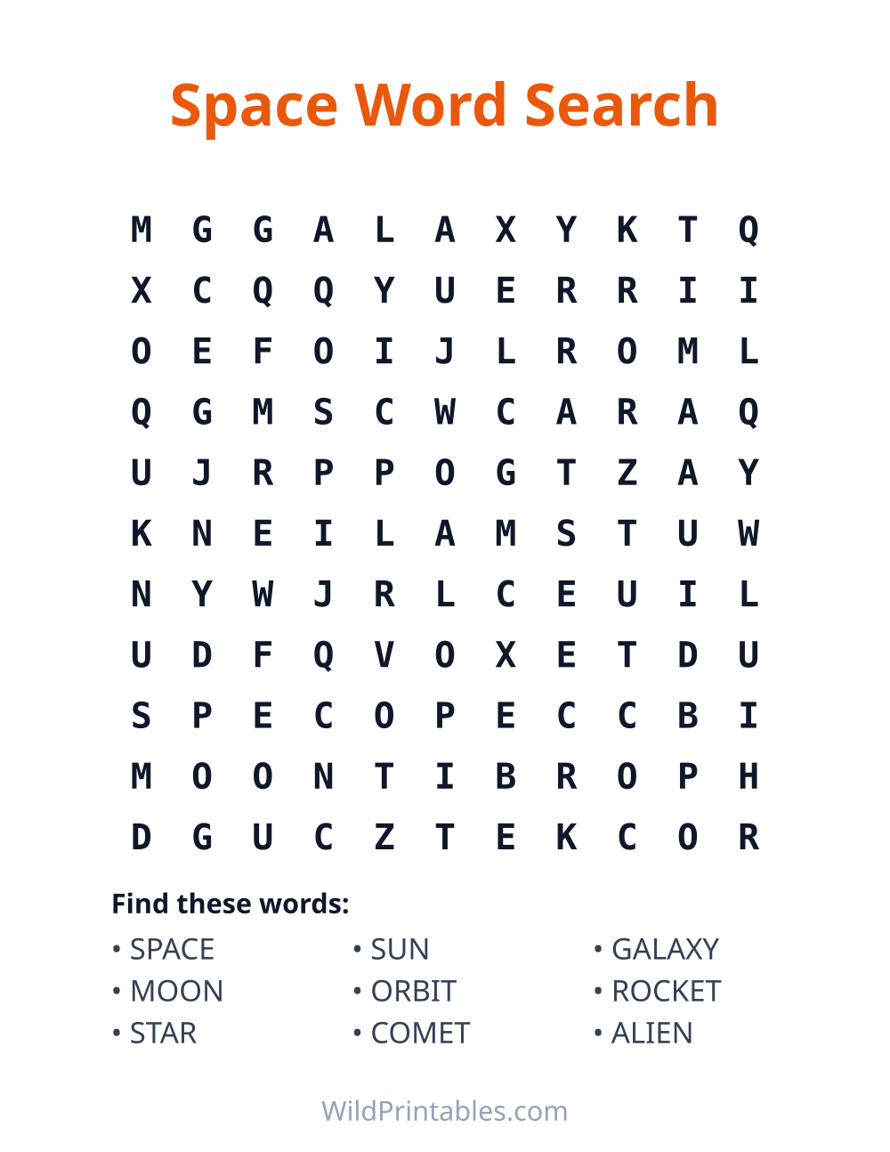 Space Word Search — free printable word search for kids