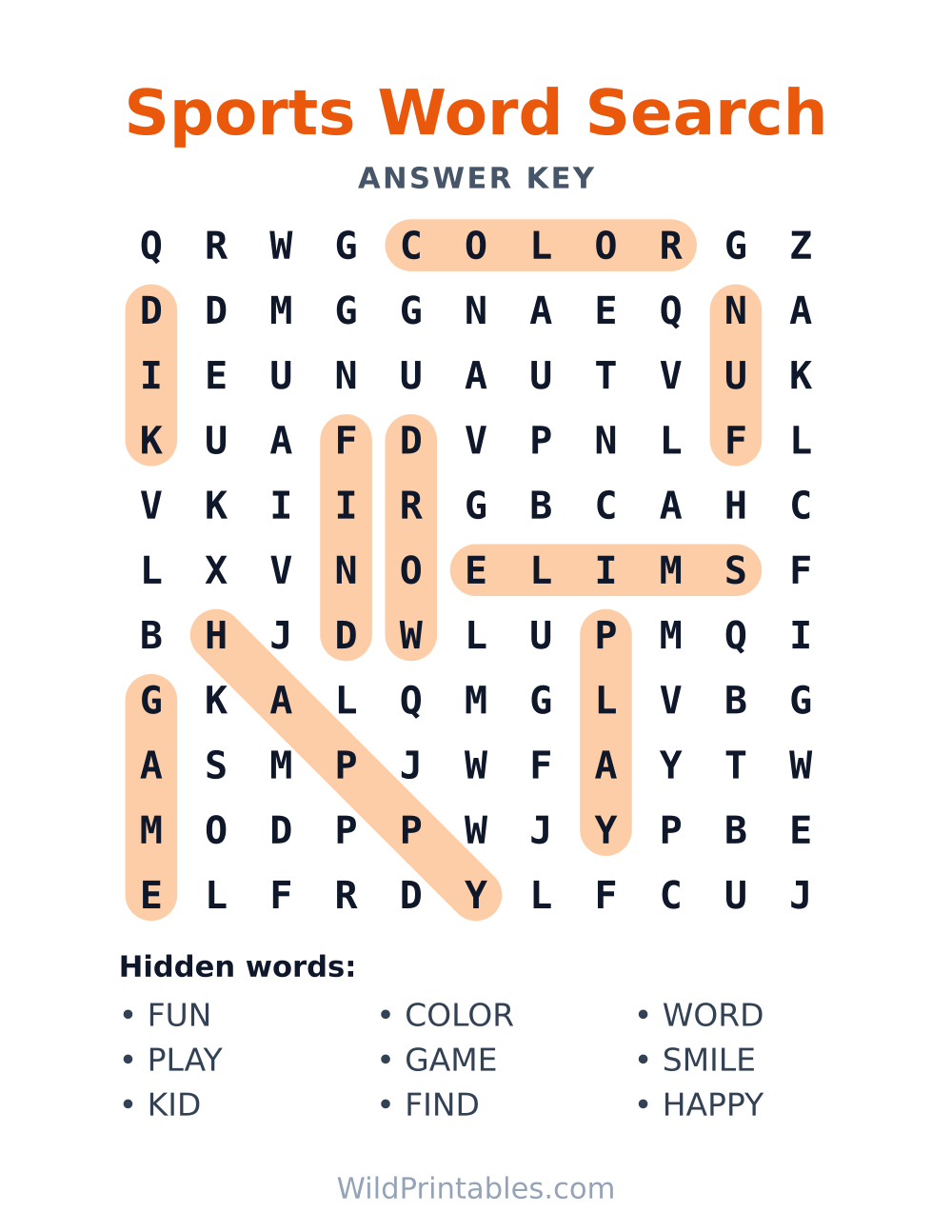 Sports Word Search — answer key