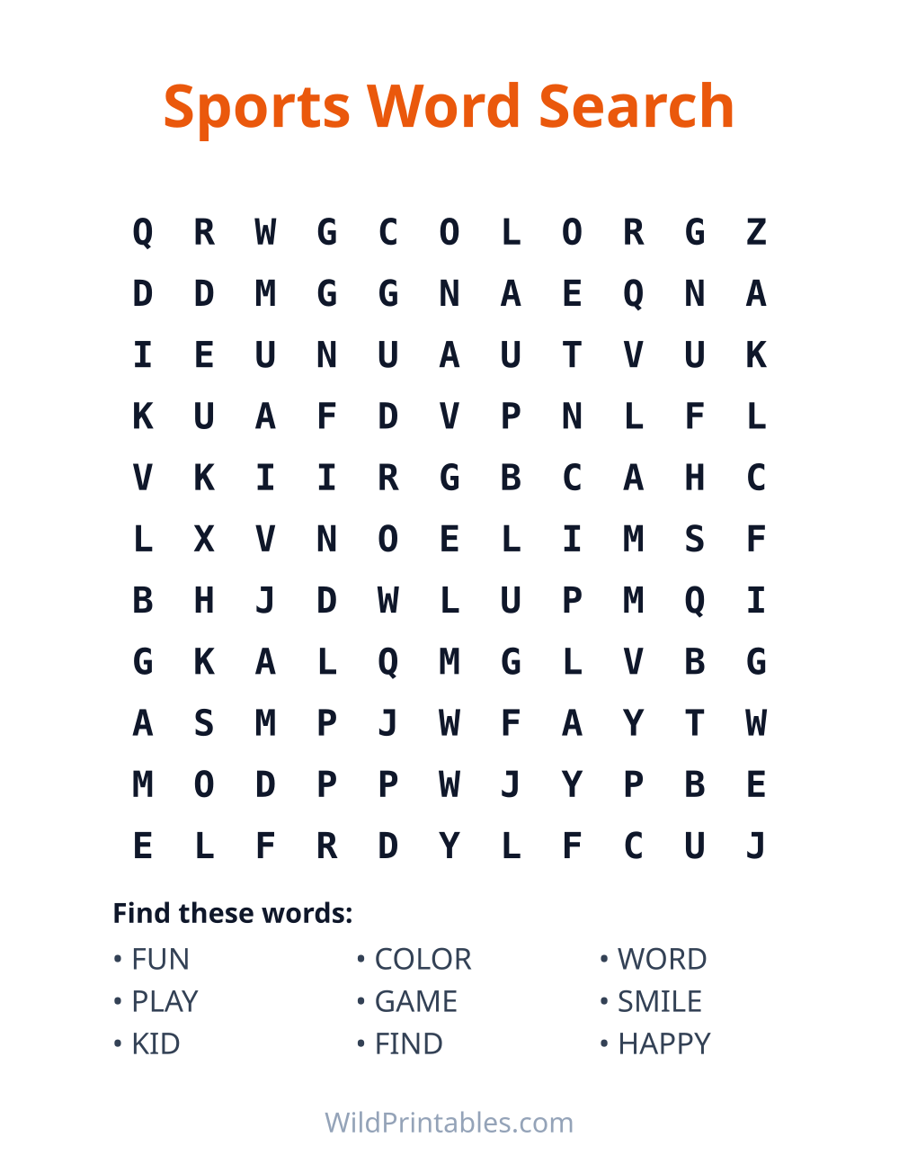 Sports Word Search — free printable word search for kids