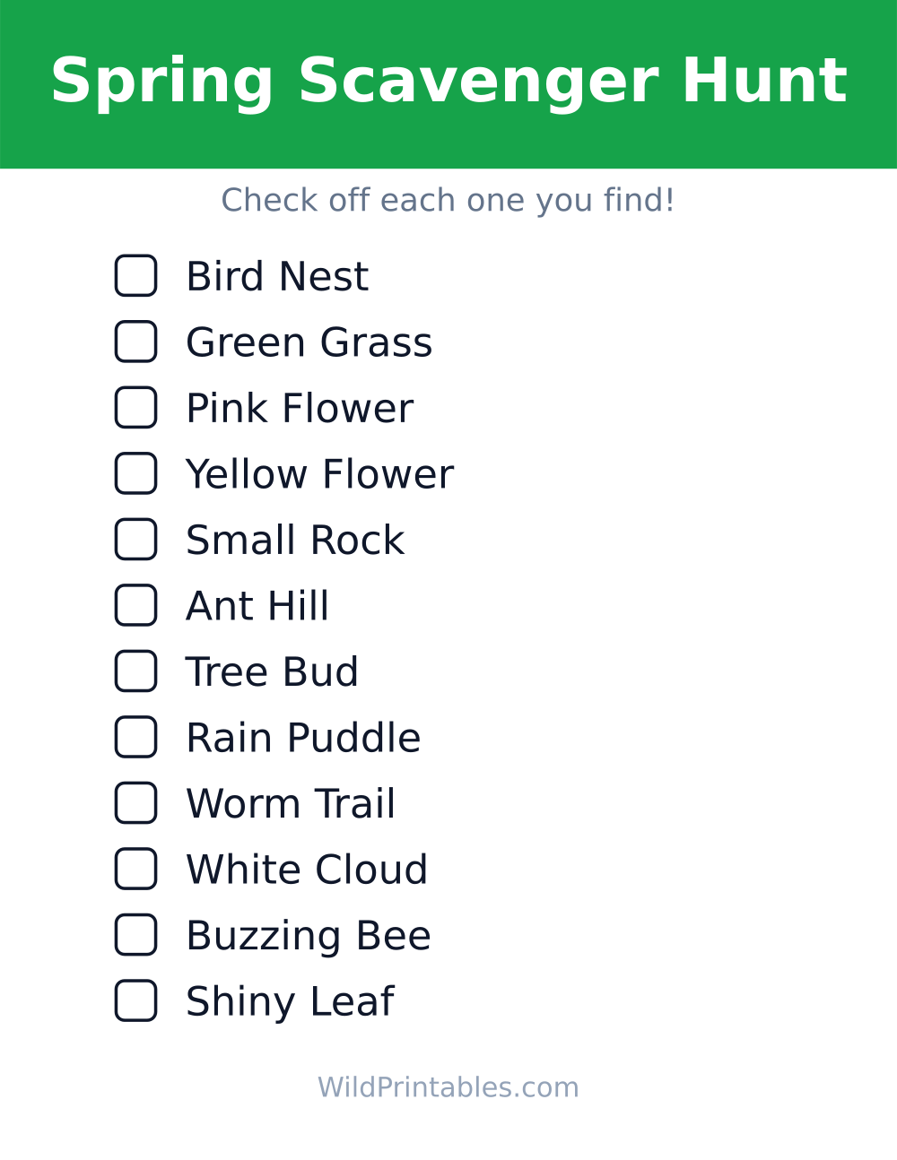Spring Scavenger Hunt — free printable scavenger hunt for kids to print and color at home
