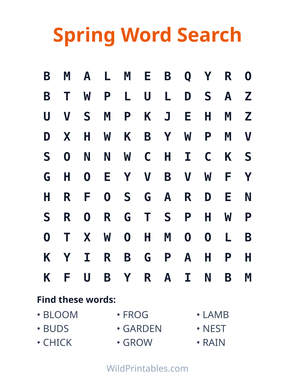 Spring Word Search — free printable word search for kids