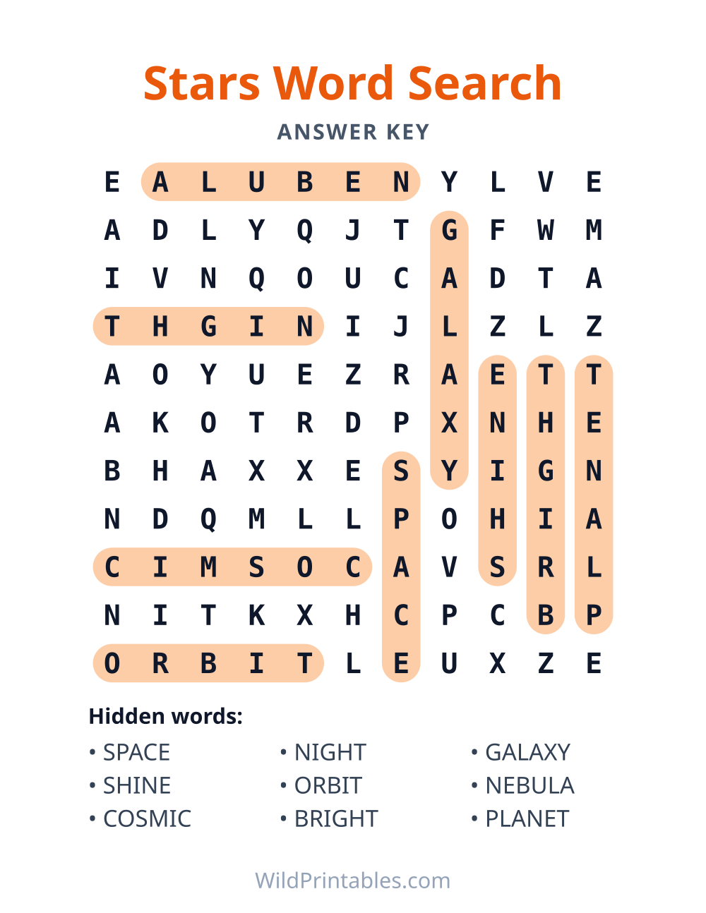 Stars Word Search — answer key