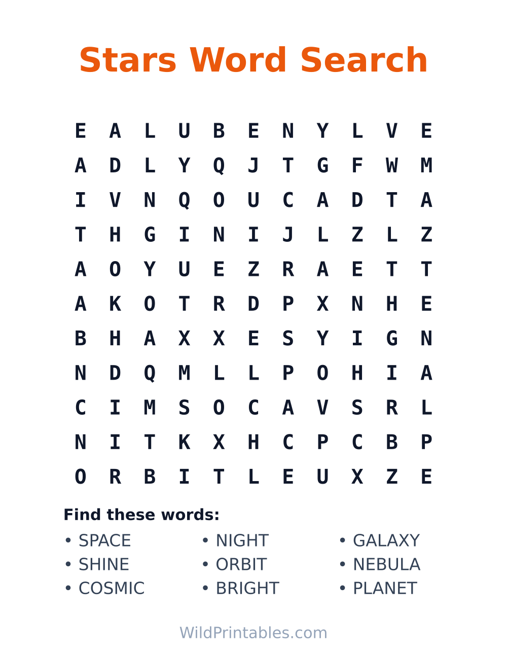 Stars Word Search — free printable word search for kids to print and color at home