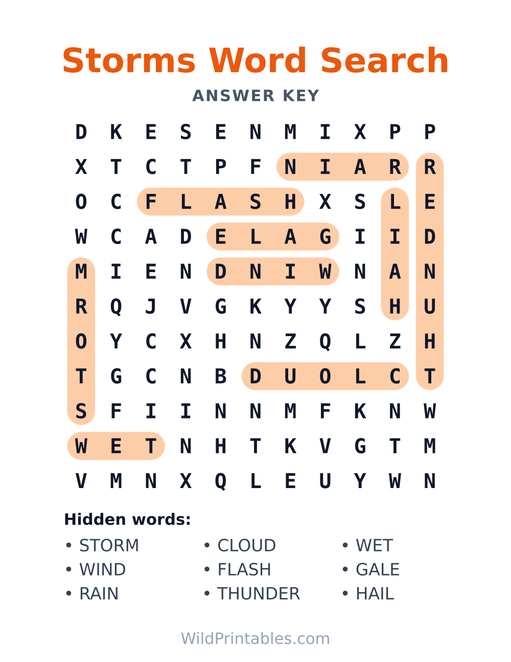 Storms Word Search — answer key