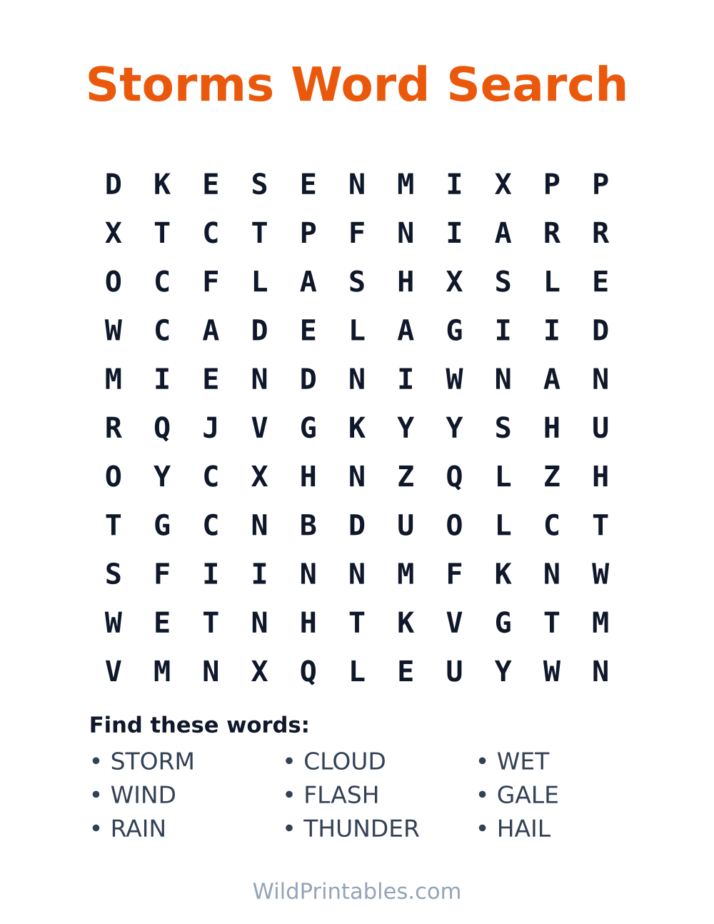 Storms Word Search — free printable word search for kids