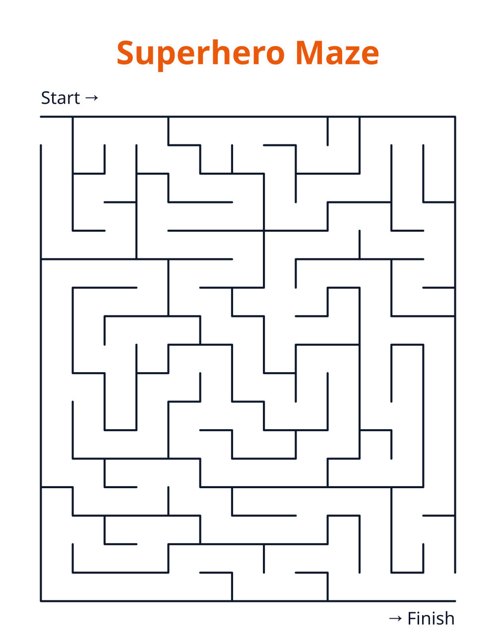 Superhero Maze — free printable maze for kids to print and color at home
