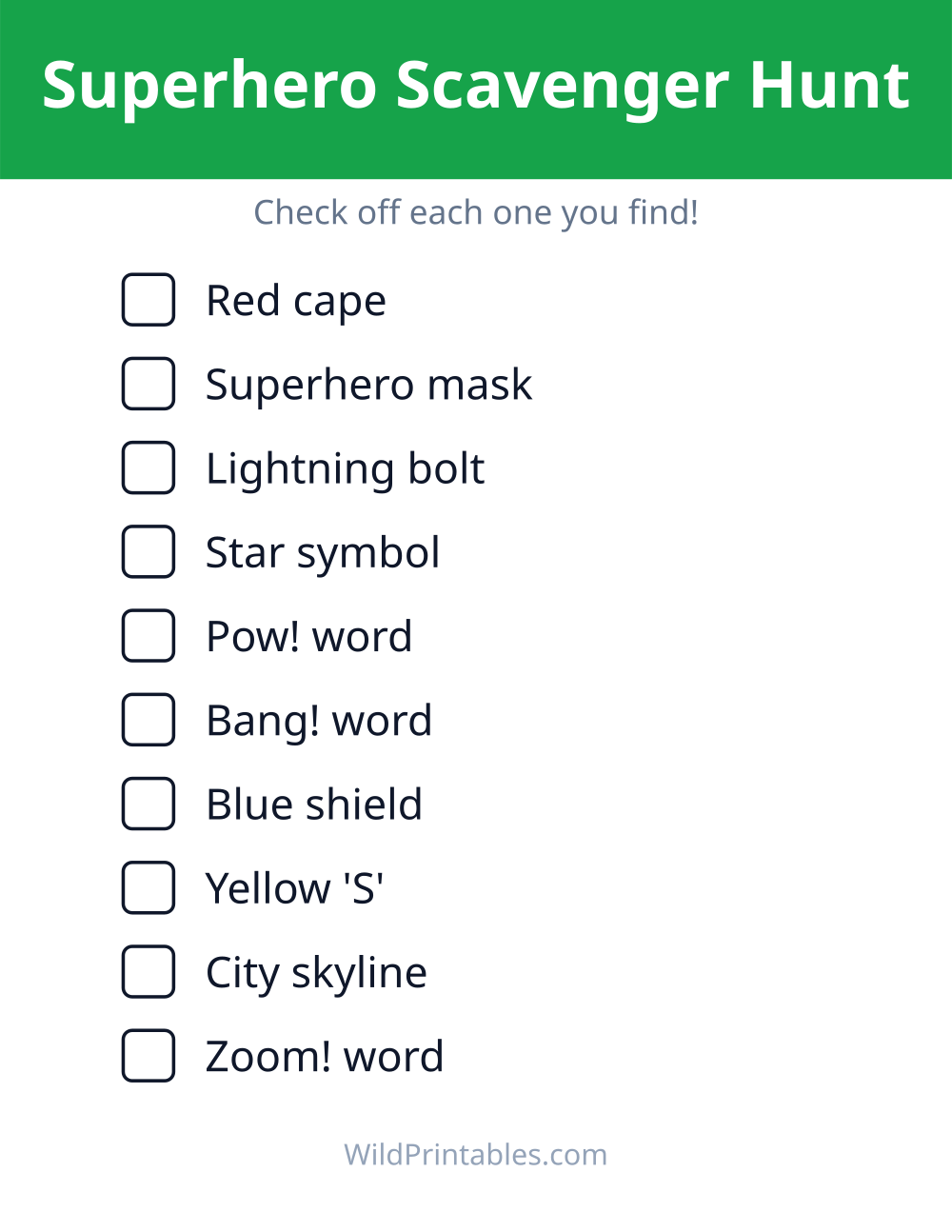 Superhero Scavenger Hunt — free printable scavenger hunt for kids