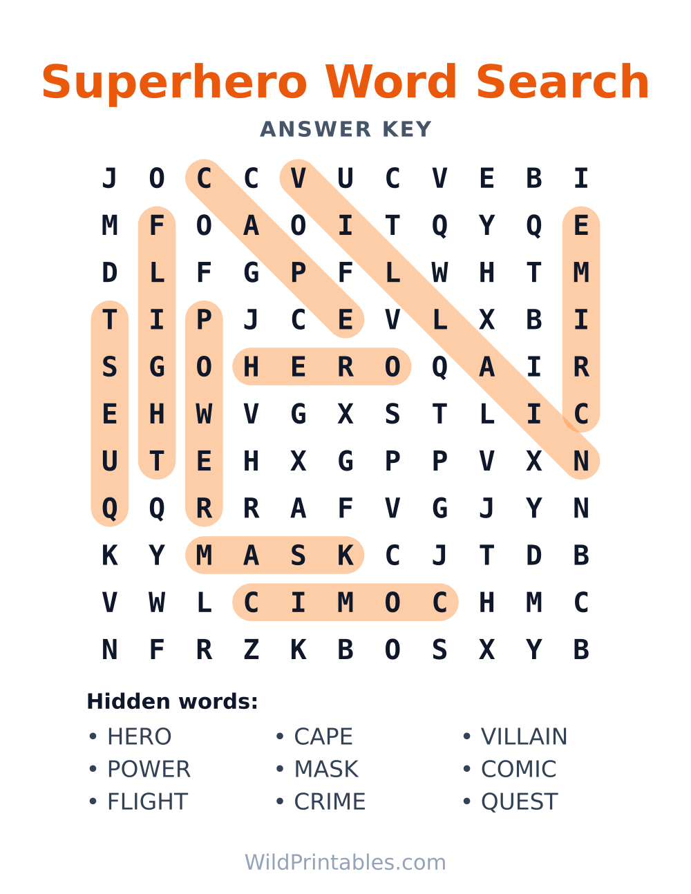 Superhero Word Search — answer key