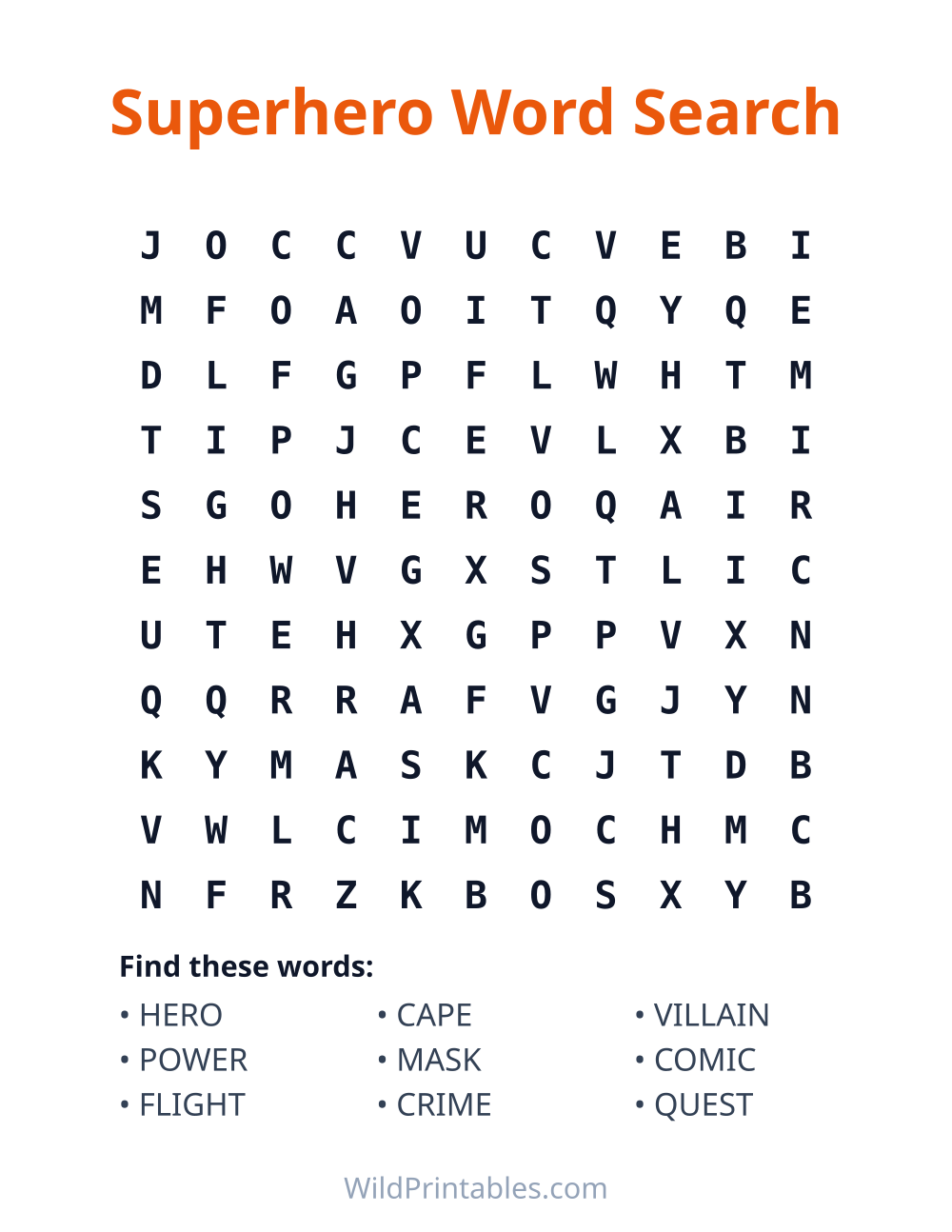 Superhero Word Search — free printable word search for kids