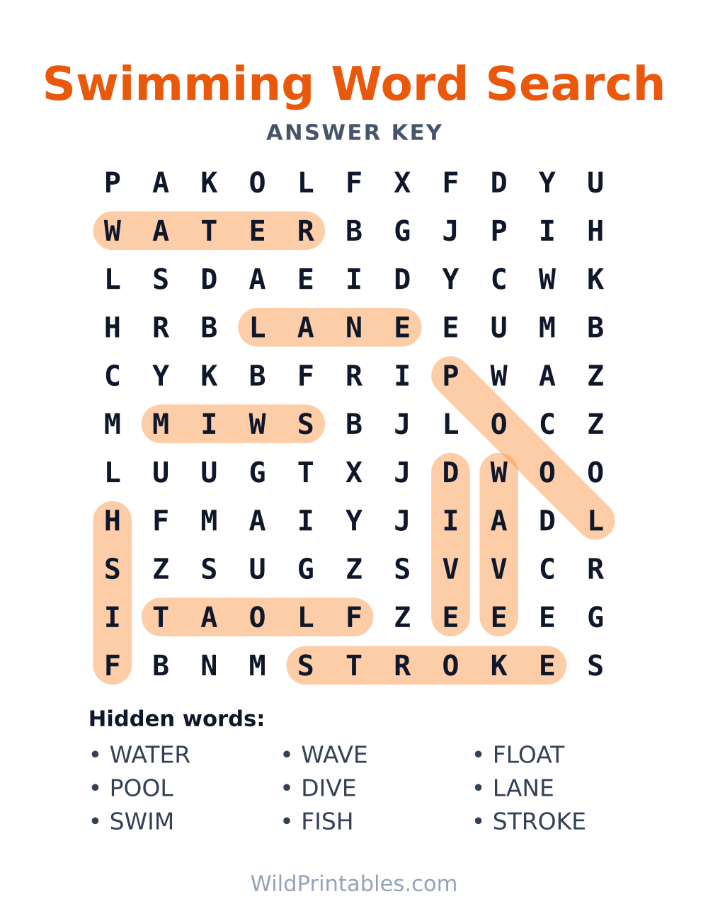 Swimming Word Search — answer key