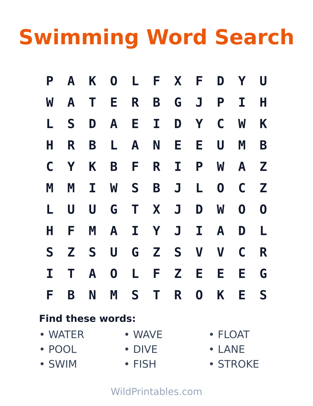 Swimming Word Search — free printable word search for kids to print and color at home