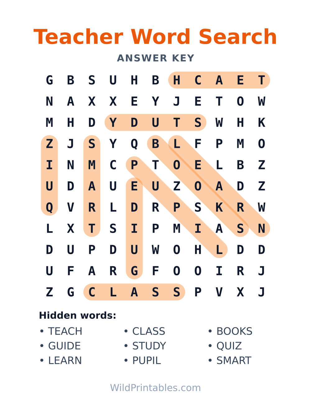 Teacher Word Search — answer key
