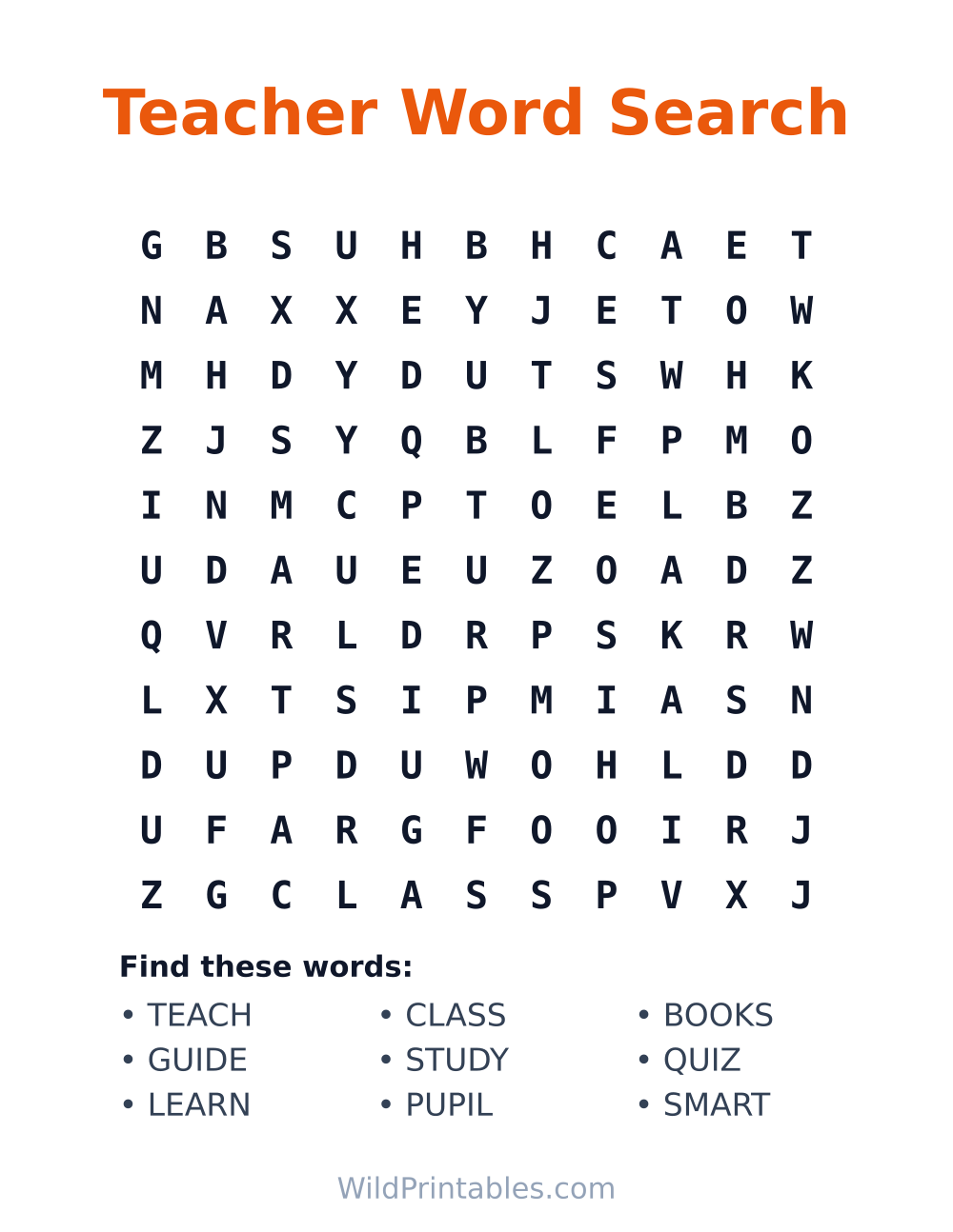 Teacher Word Search — free printable word search for kids to print and color at home